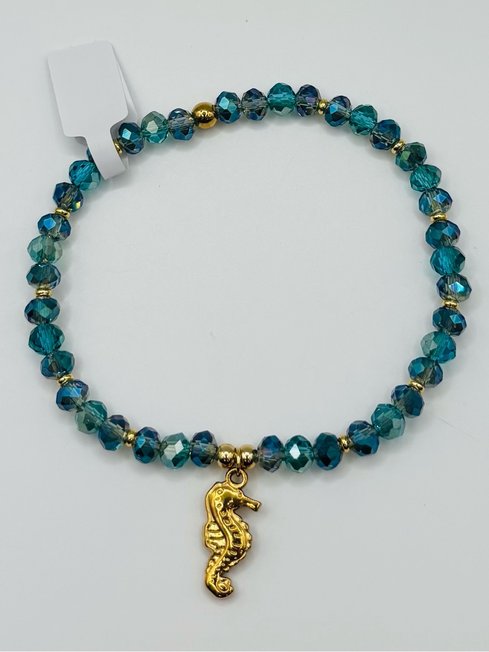 *ANKLET* S. Steel Seahorse & AB Teal Blue Green Crystal Stretchy Anklet - Picture 3 of 7